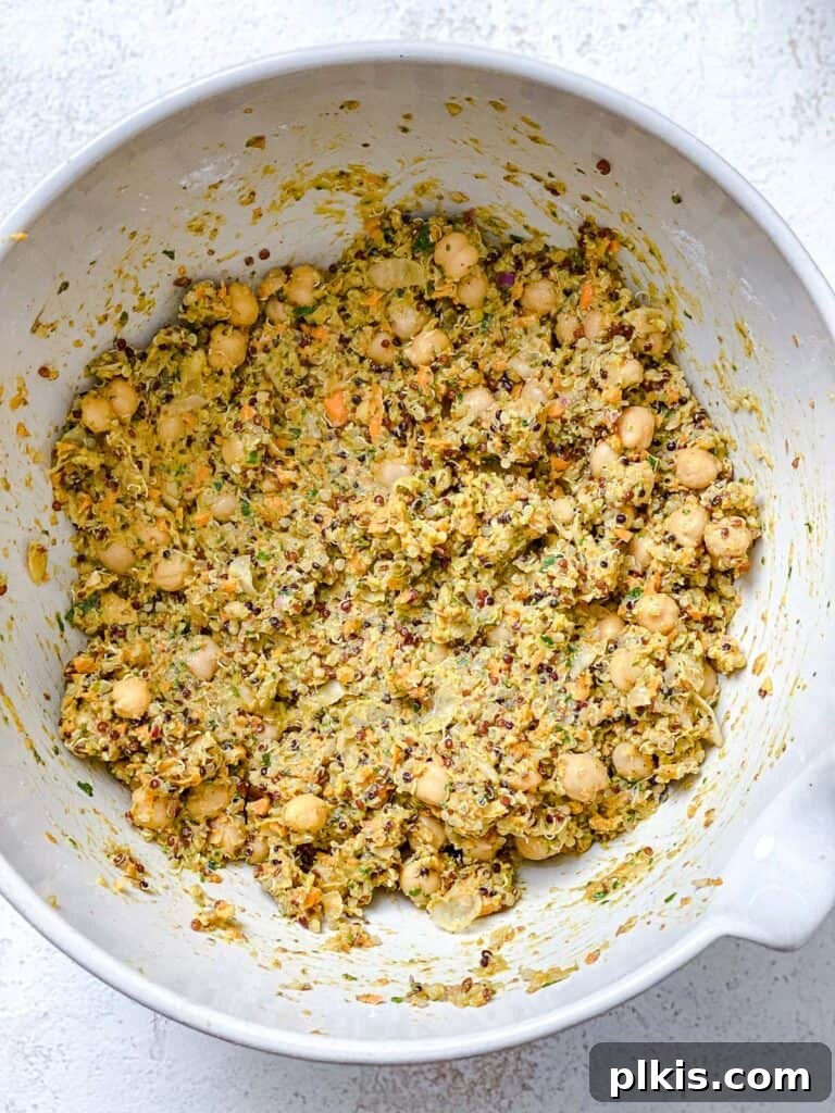 Golden Quinoa Chickpea Fritters 8 post mixing of Quinoa Chickpea Patties ingredients in a bowl