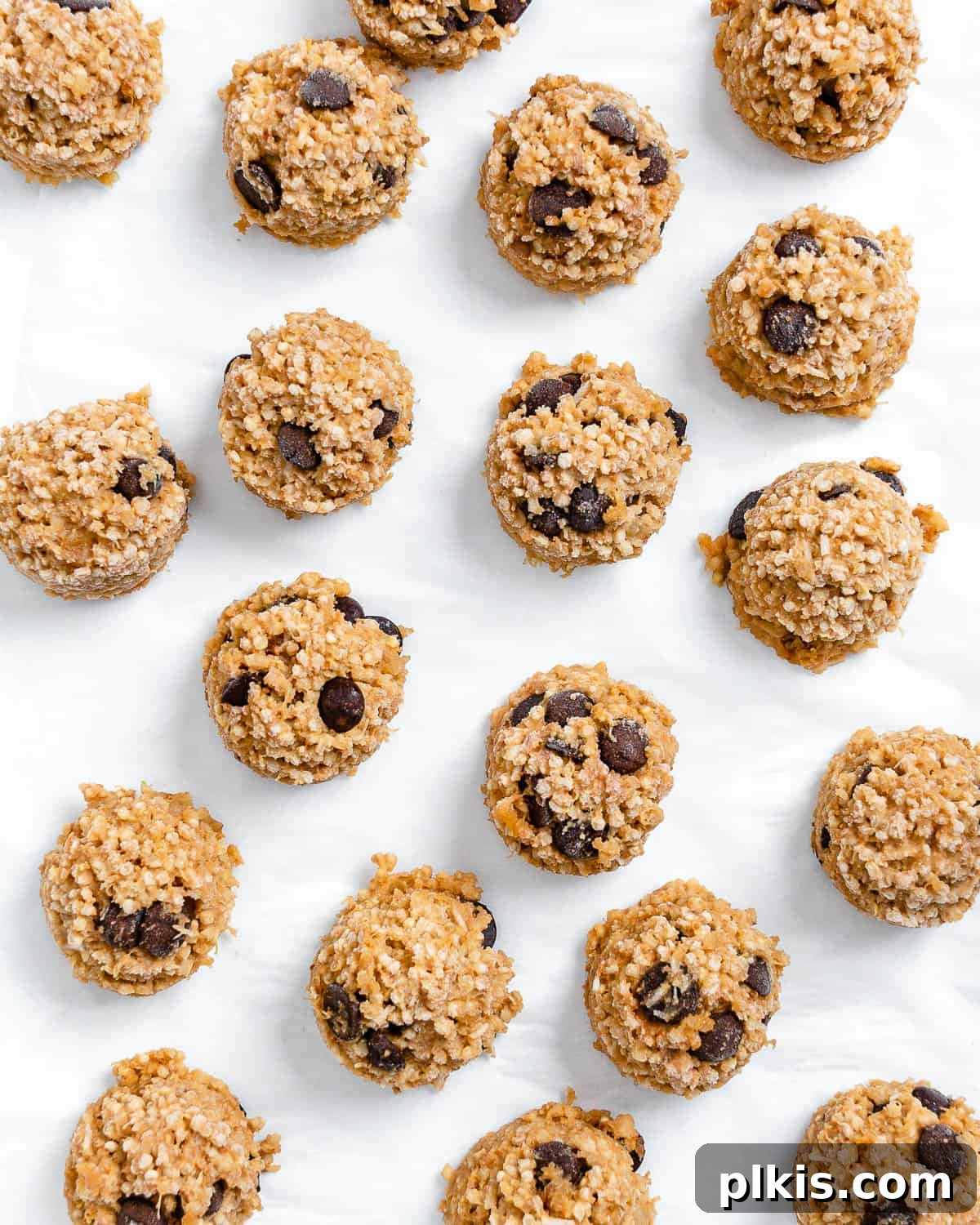 Plant-Powered Quinoa Chocolate Chip Cookies 2 Completed Vegan Chocolate Chip Quinoa Cookies, perfectly shaped and spread out on a white surface, ready to be enjoyed as a healthy and delicious snack.