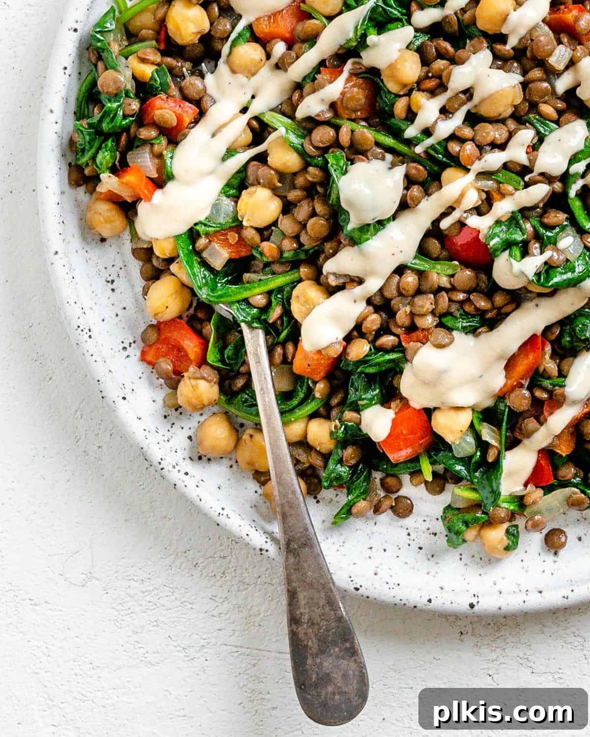 Fresh Lemon Herb Lentil Chickpea Salad 13 Completed Vegan Lentil Chickpea Salad plated on a white plate, garnished with fresh herbs and a drizzle of tahini.
