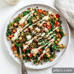 Fresh Lemon Herb Lentil Chickpea Salad 14 Completed Vegan Lentil Chickpea Salad plated on a white plate against a white surface