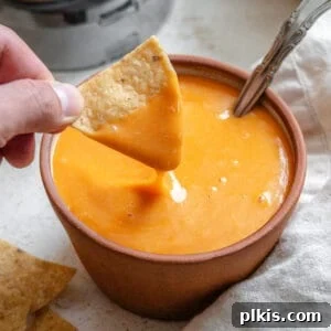 Rich Nacho Cheese Sauce 9 hand dipping a tortilla chip into a small bowl of vegan nacho cheese sauce.