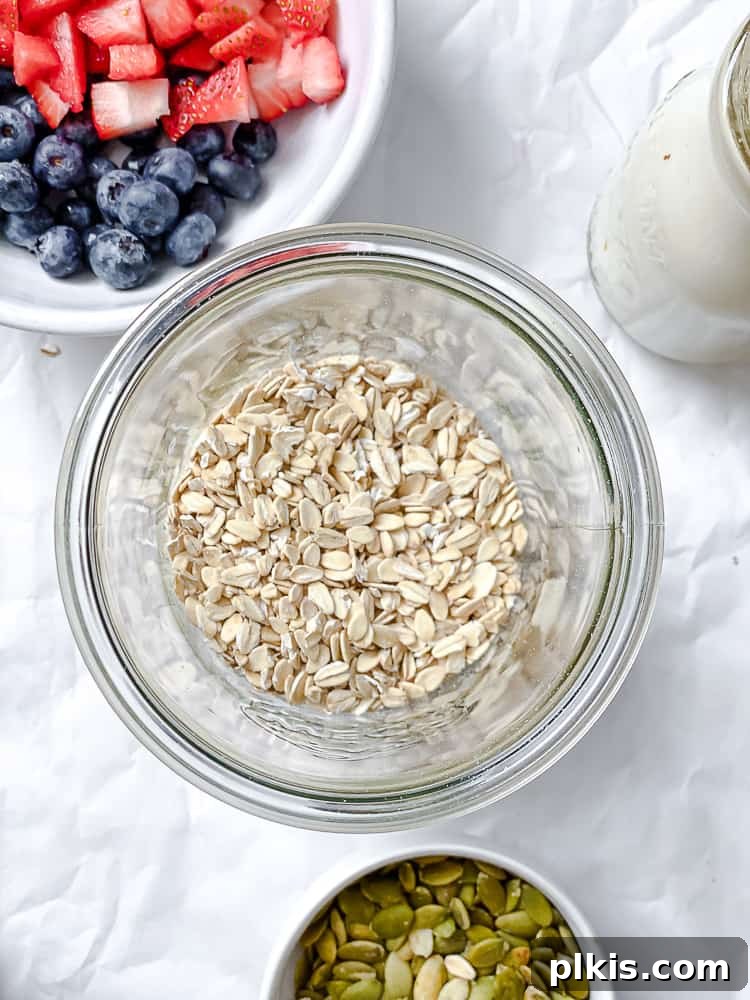 Vegan Overnight Oats: Endless Flavor Possibilities 4 Ingredients for Vegan Overnight Oats measured and ready in separate bowls