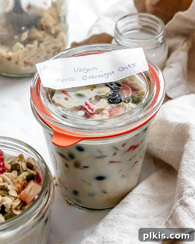 Vegan Overnight Oats: Endless Flavor Possibilities 7 Completed Vegan Overnight Oats in a glass jar, ready for breakfast