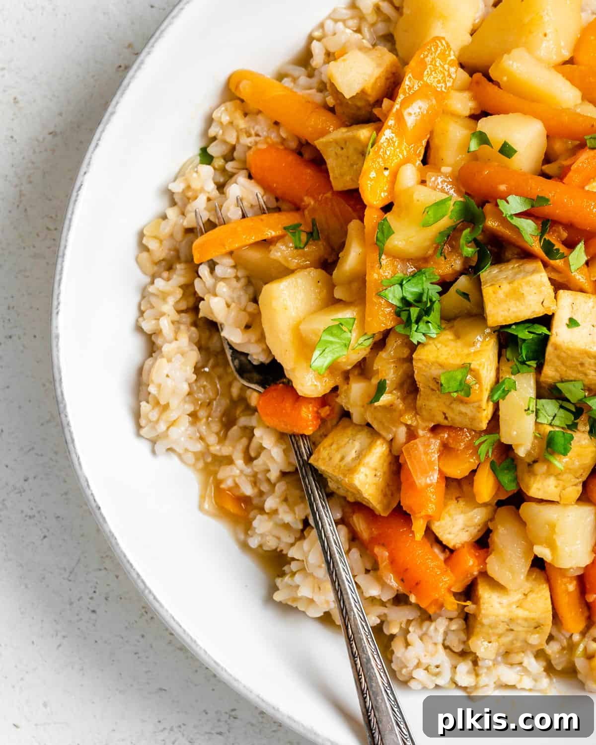 Creamy Red Curry Tofu: Slow Cooker or Stove Top 15 A beautifully plated bowl of Slow Cooker Red Thai Curry with Tofu, garnished with fresh cilantro, ready to be enjoyed.