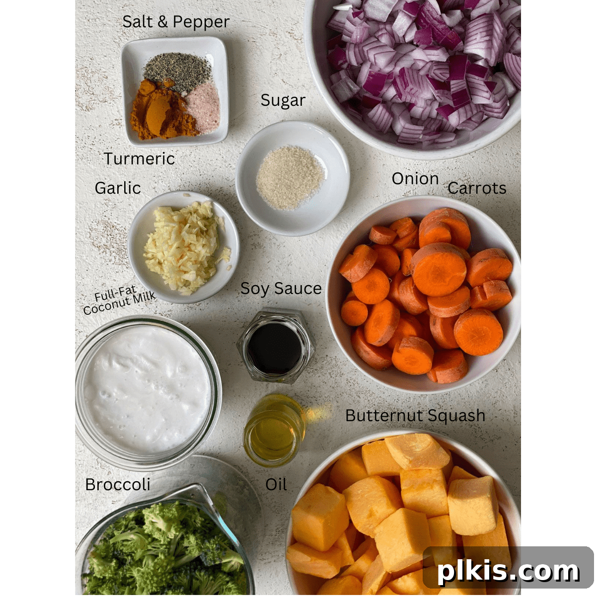Golden Butternut Squash Sauce with Roasted Vegetables 3 ingredients for Butternut Squash Sauce and Roasted Veggies measured out against a light surface