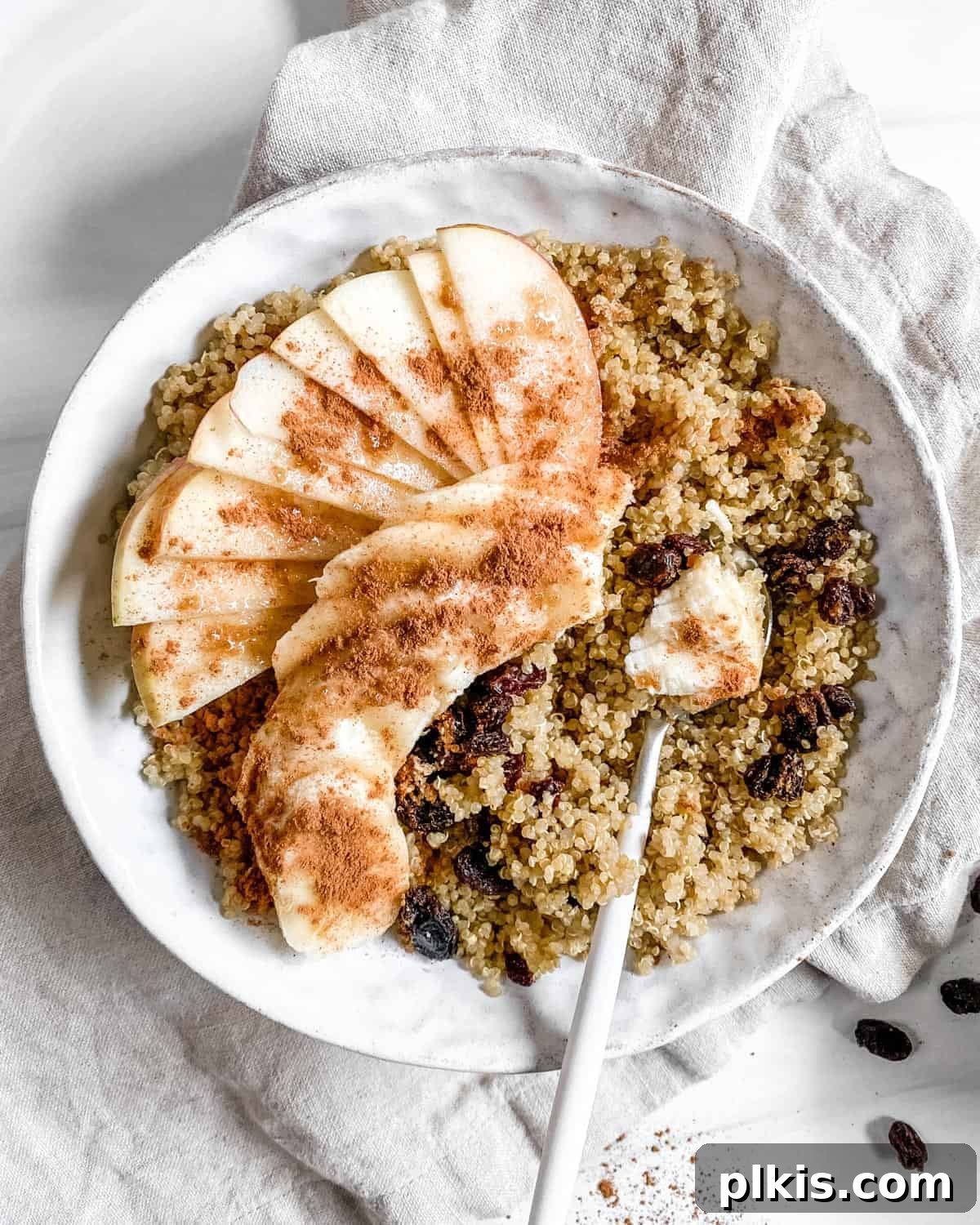 Warm Apple Quinoa Breakfast 2 A beautifully presented Breakfast Quinoa Apple Bowl in a white bowl, with fresh apples, bananas, and raisins artfully arranged around it on a light background, hinting at the fresh ingredients