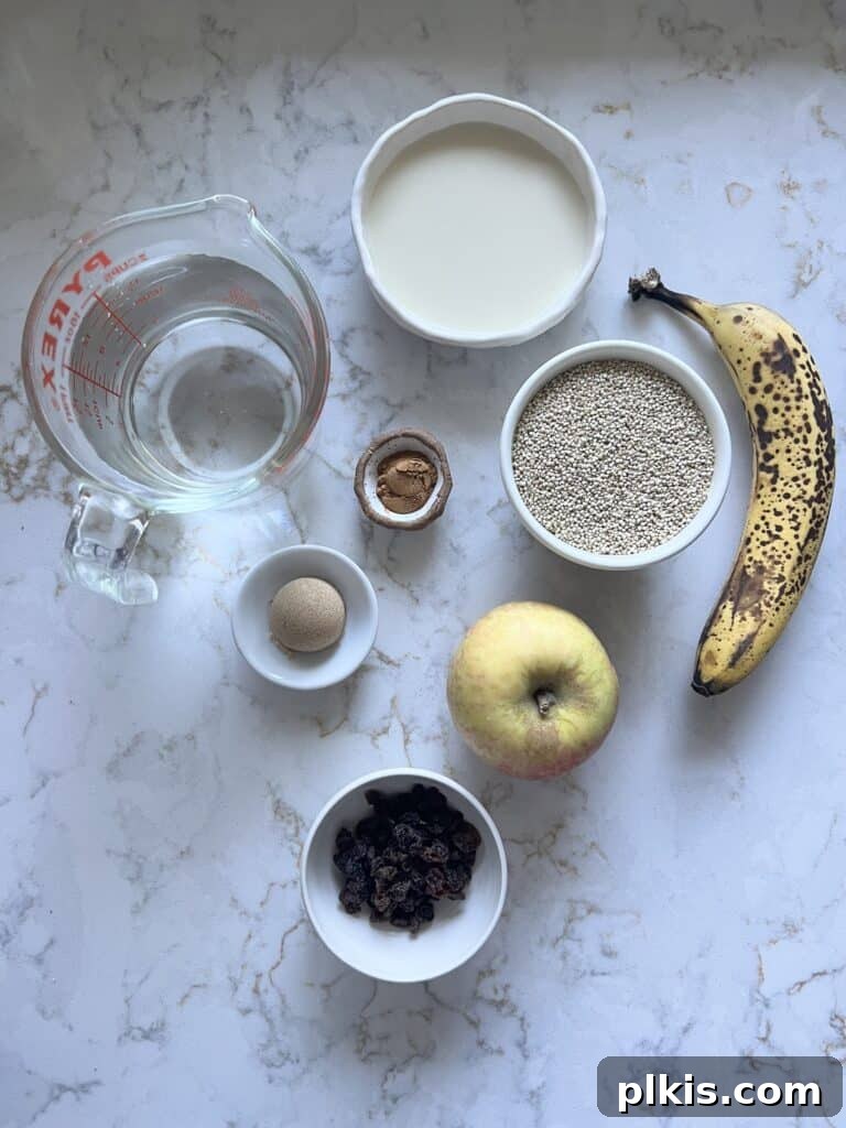 Warm Apple Quinoa Breakfast 3 A flat lay photograph showcasing all the fresh ingredients for the Breakfast Quinoa Apple Bowl laid out on a white marble surface: cooked quinoa, sliced bananas, diced apples, raisins, a bowl of plant-based milk, brown sugar, and cinnamon
