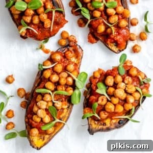 completed Chickpea Sweet Potato Boats against a white surface