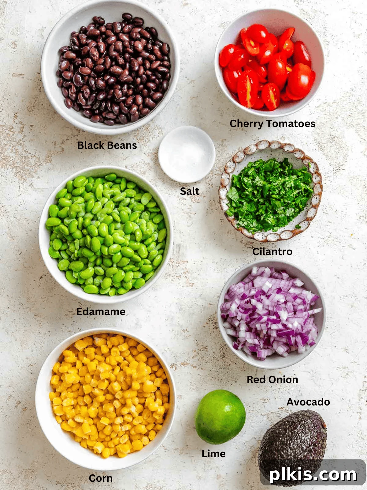 Vibrant Edamame Corn and Black Bean Salad 3 Ingredients for Edamame Salad (With Corn and Black Beans), neatly arranged and ready for preparation.