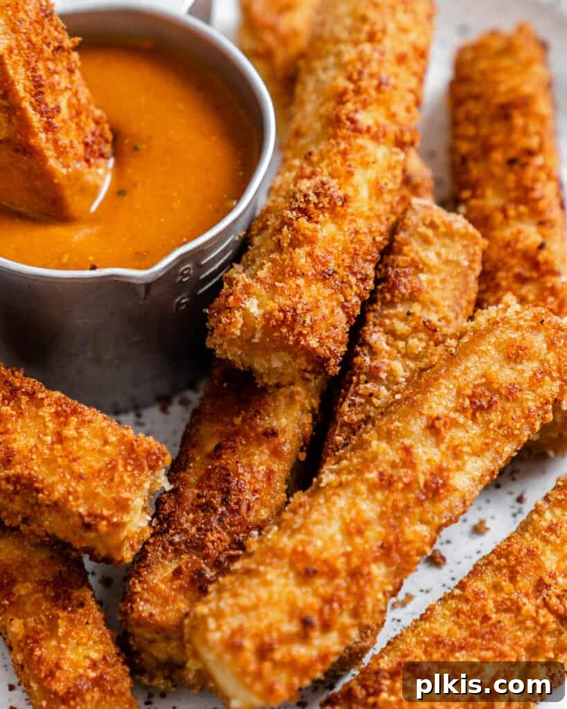 A close-up of crispy vegan breaded tofu sticks artfully arranged on a white plate with a small bowl of dipping sauce.