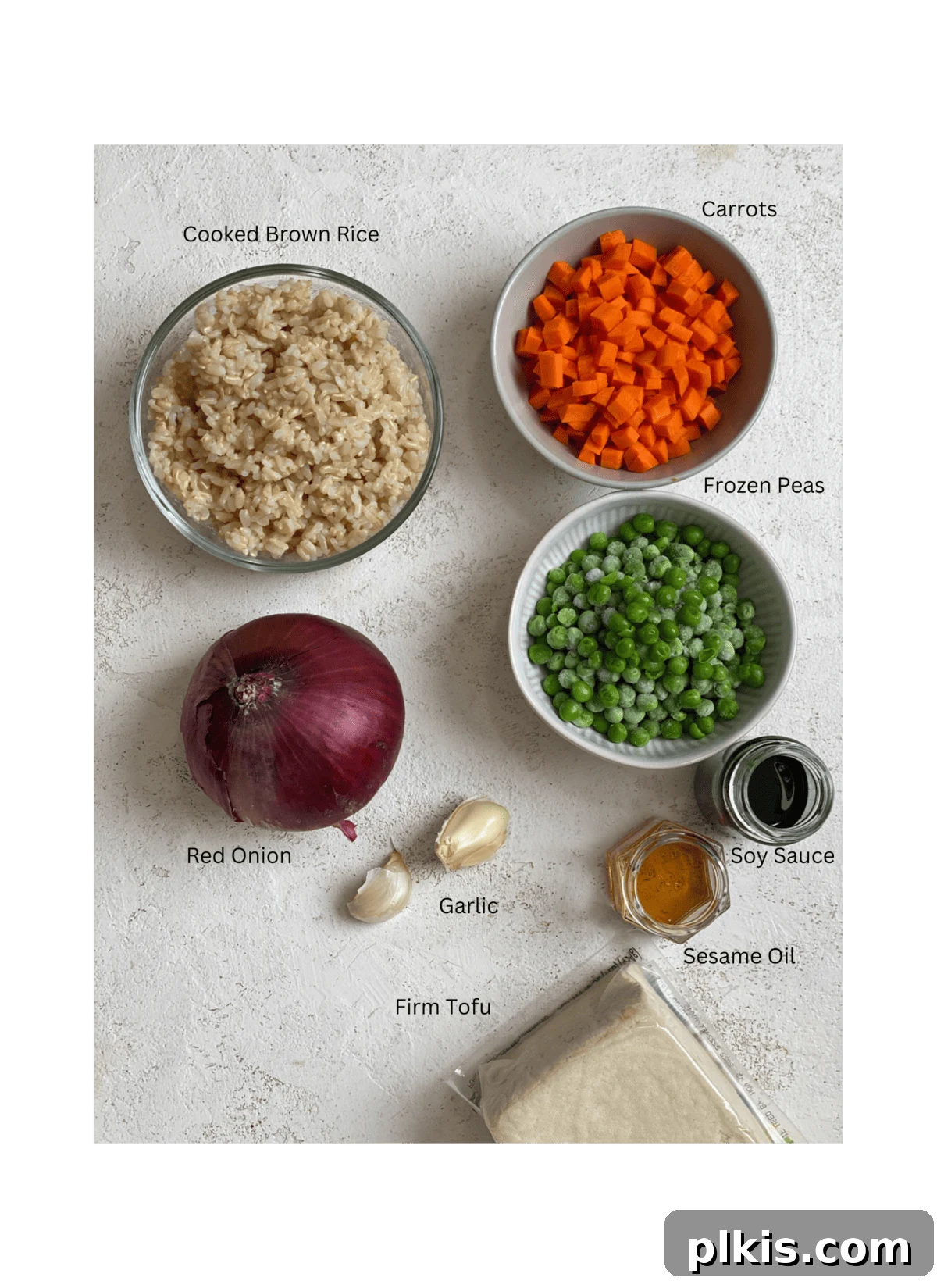 Quick Veggie Brown Rice Stir-Fry 3 ingredients for Easy Vegetable Brown Fried Rice measured out against a light surface