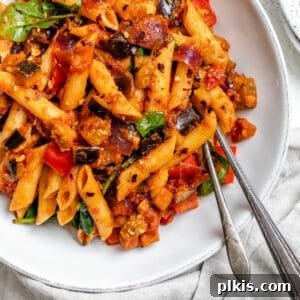 completed Easy Penne Alla Norma (Eggplant Pasta) on a white plate