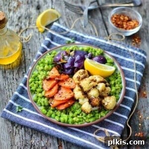 Mushy Peas with Roasted Veg