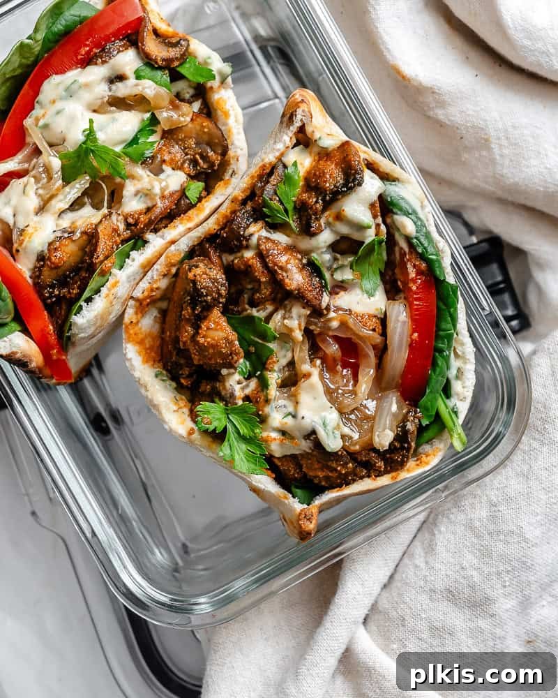 Savory Mushroom Stack 9 two open-faced mushroom sandwiches in a glass storage container.