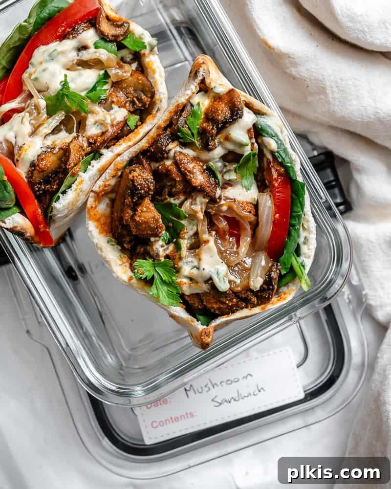 Savory Mushroom Stack 10 two open-faced mushroom sandwiches in a glass storage container.