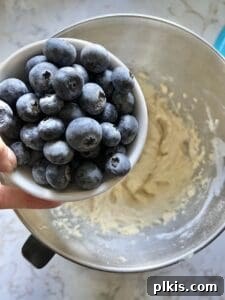 Effortless Vegan Blueberry Banana Delights 6 A bowl of fresh blueberries being gently folded into the muffin batter in a large mixing bowl.