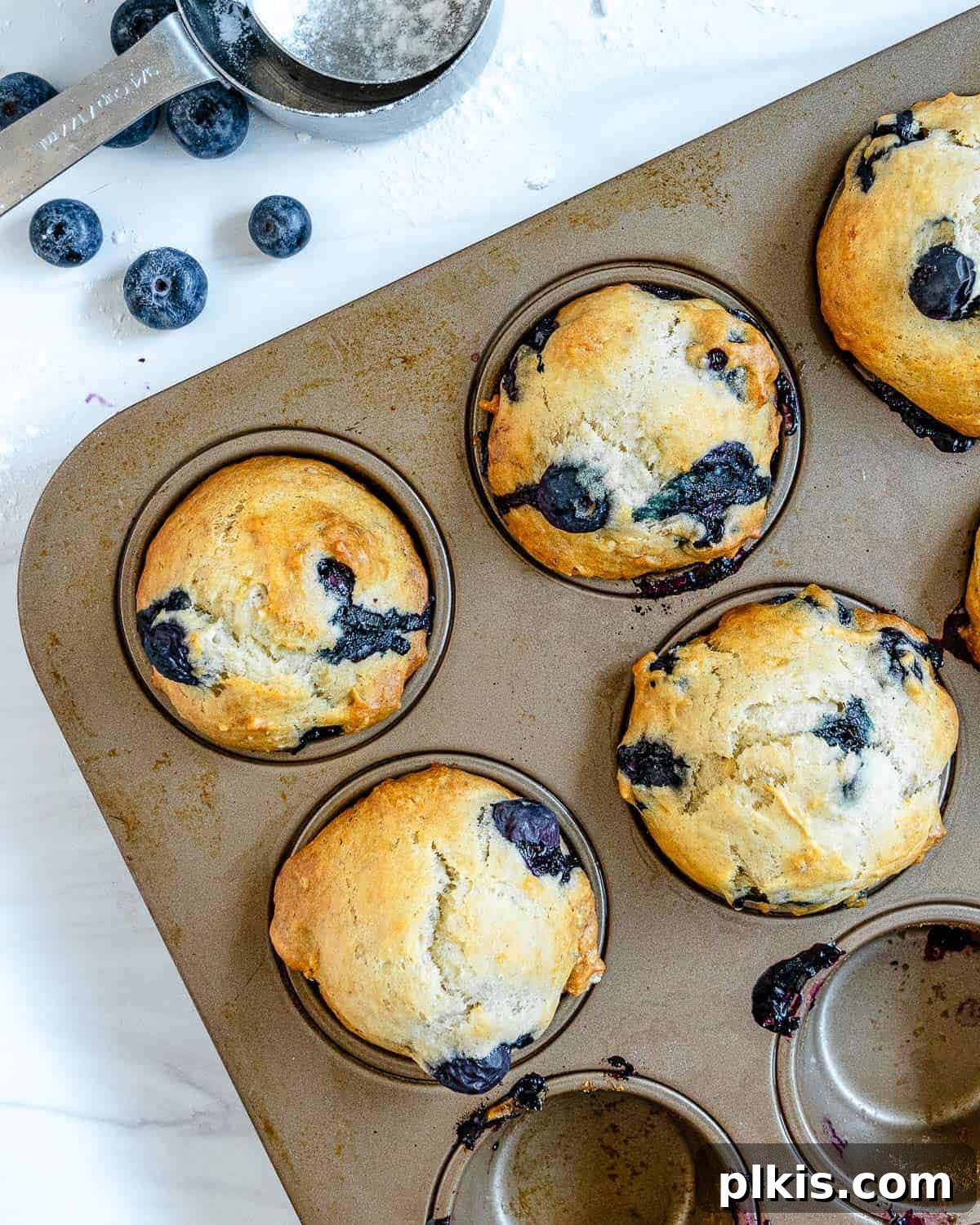 Effortless Vegan Blueberry Banana Delights 8 Freshly baked vegan blueberry banana muffins perfectly arranged in a muffin tin against a white background.
