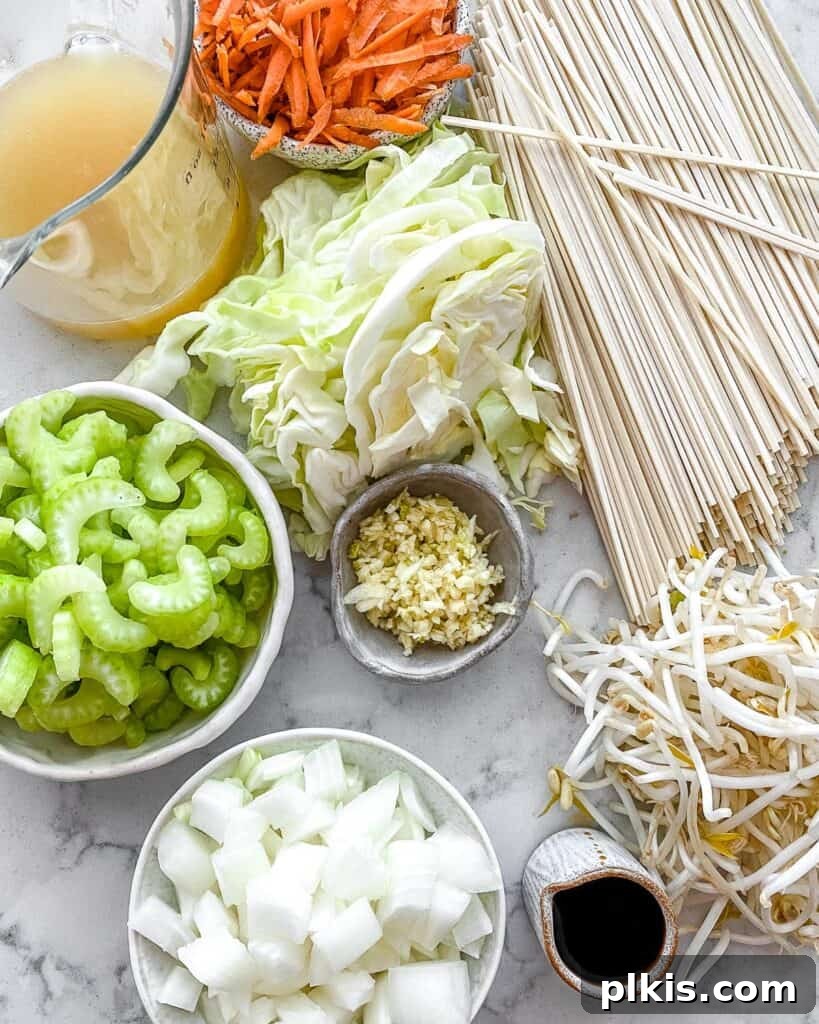 Easy Veggie Chow Mein A Delicious Plant-Based Bargain 3 ingredients for Veggie Chow Mein measured out against a white background