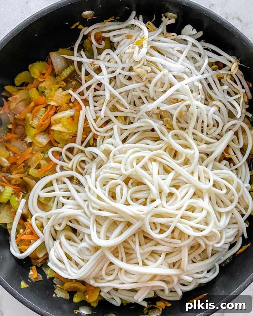 Easy Veggie Chow Mein A Delicious Plant-Based Bargain 6 process of adding noodles to pan of veggie chow mein