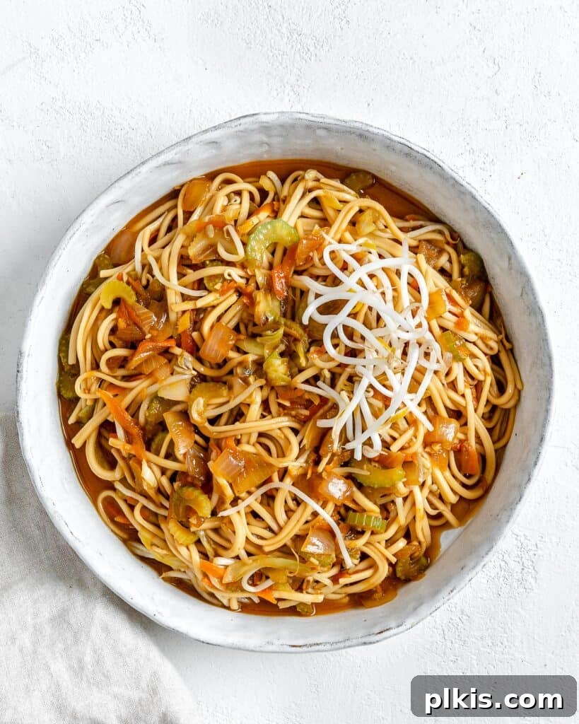 Easy Veggie Chow Mein A Delicious Plant-Based Bargain 7 completed bowl of Veggie Chow Mein in a white bowl against a white background