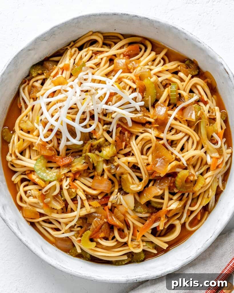 Easy Veggie Chow Mein A Delicious Plant-Based Bargain 8 completed bowl of Veggie Chow Mein in a white bowl against a white background