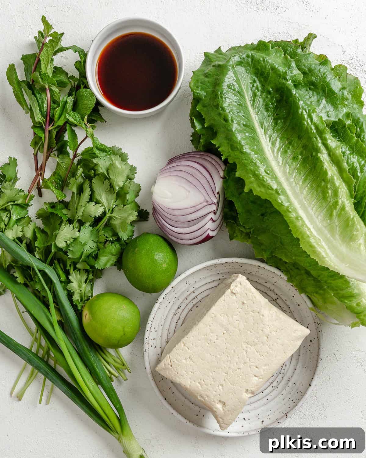 Vibrant Vegan Tofu Larb 3 Ingredients for larb salad measured out in bowls against a white surface, including tofu, herbs, and sauces.