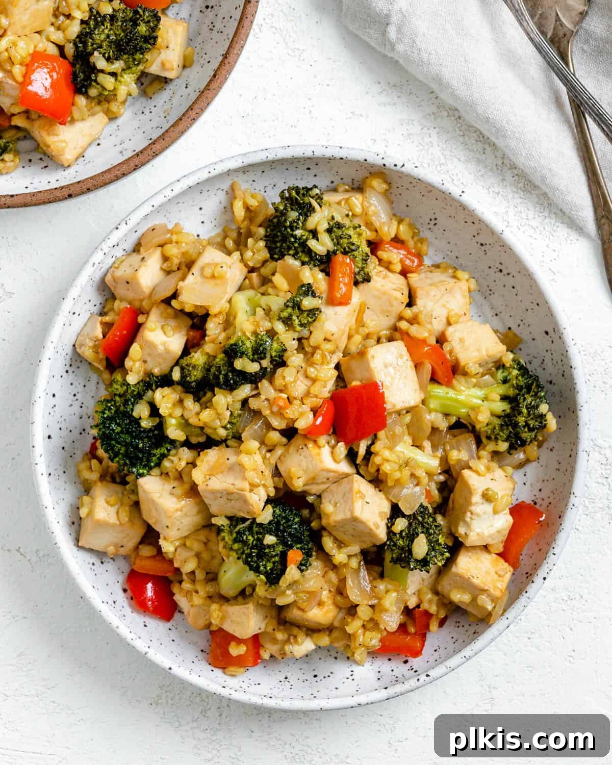 Vibrant Veggie Brown Rice Stir Fry 2 A vibrant bowl of Veggie Brown Rice Stir Fry, showcasing perfectly cooked brown rice, colorful vegetables, and savory tofu, set against a clean white background.