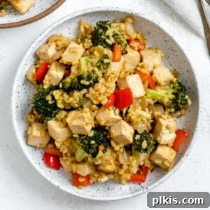 Vibrant Veggie Brown Rice Stir Fry 11 completed Veggie Brown Rice Stir Fry in a bowl against a white background