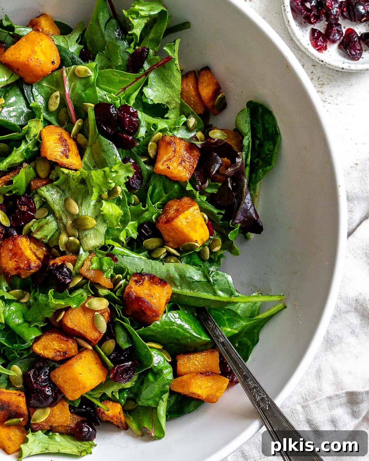 Roasted Pumpkin Harvest Salad 8 completed Easy Roasted Pumpkin Salad plated on a white surface