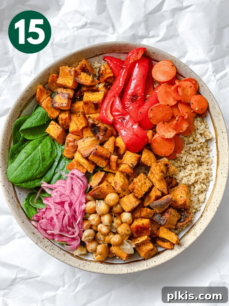 Roasted Sweet Potato Quinoa Power Bowl 18 A beautifully completed Sweet Potato Quinoa Bowl, ready to be enjoyed, showcasing all its vibrant ingredients and dressing.