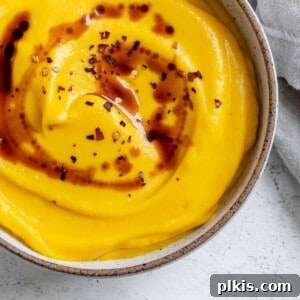 completed Easy Vegan Pumpkin Soup against a white surface