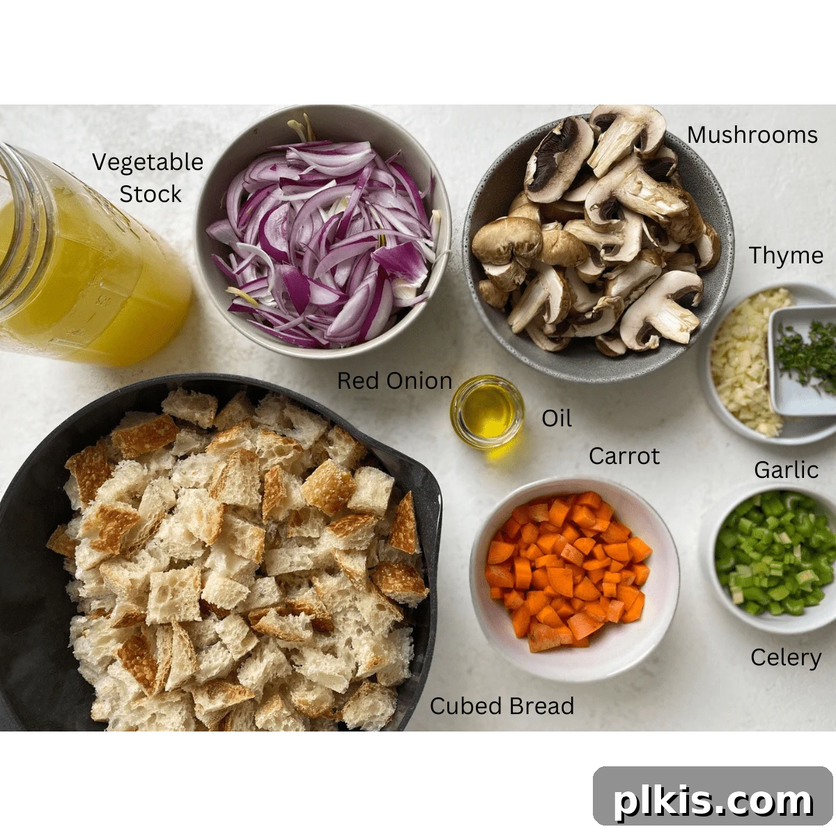 Simple & Savory Mushroom Stuffing 3 mushroom stuffing ingredients measured out against a white surface