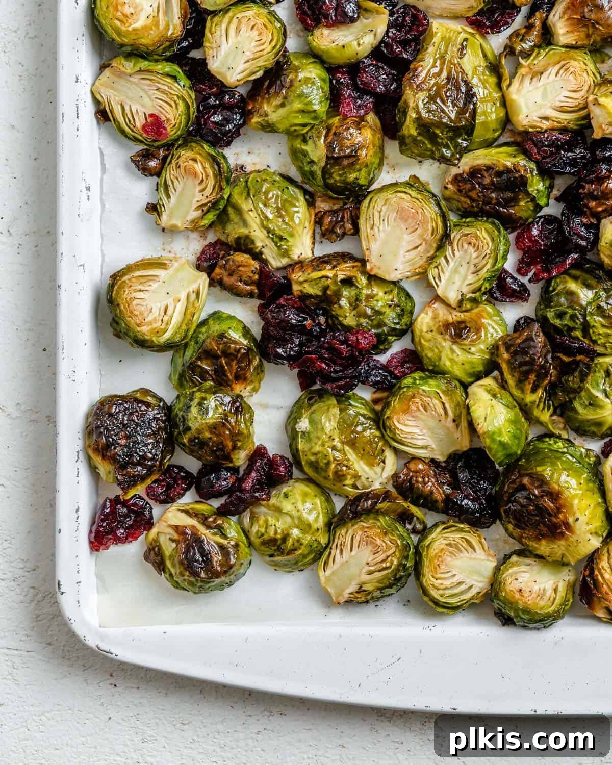 Tangy Cranberry Roasted Brussels Sprouts 2 A glistening dish of Roasted Brussels Sprouts with Cranberries, ready to serve.