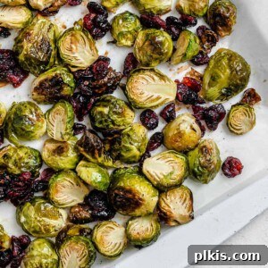 Tangy Cranberry Roasted Brussels Sprouts 11 completed Roasted Brussels Sprouts with Cranberries on a white dish