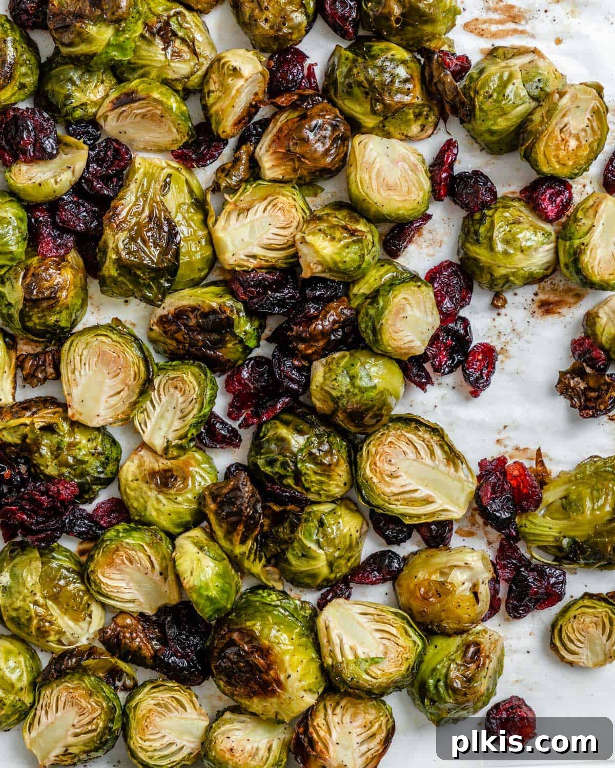 Tangy Cranberry Roasted Brussels Sprouts 10 A beautifully presented dish of Roasted Brussels Sprouts with Cranberries on a white table.