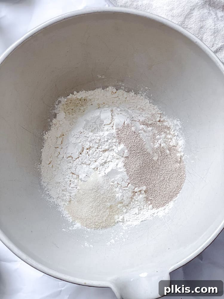 Simple Plant-Based Pizza Crust 4 Process shot showing dry ingredients combined in a bowl for Easy Vegan Pizza Dough