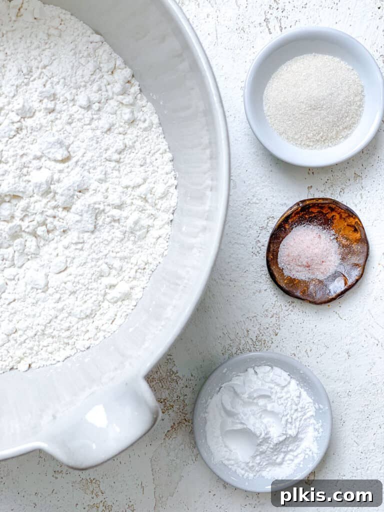 Effortless Plant-Based Biscuits in Minutes 5 Dry ingredients for vegan biscuits, including flour, sugar, baking powder, and salt, are mixed in a large white bowl.