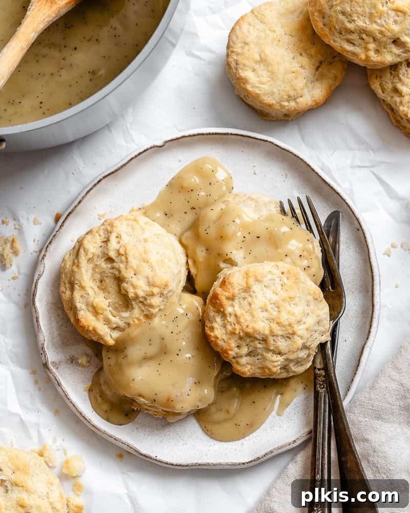 Southern Comfort Reimagined Vegan 2 Completed Vegan Biscuits and Gravy on a plate, ready to be enjoyed.
