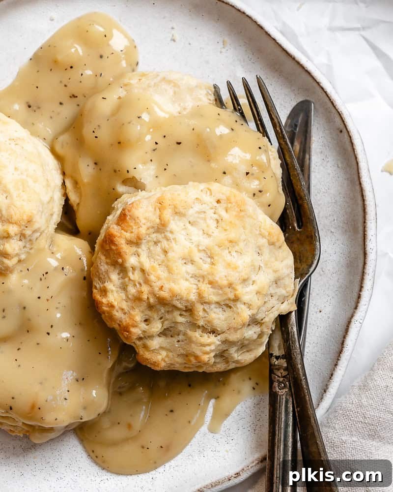 Southern Comfort Reimagined Vegan 14 A plate of completed Vegan Biscuits and Gravy, showcasing the fluffy biscuits and creamy gravy.