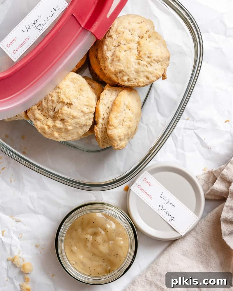 Southern Comfort Reimagined Vegan 15 Completed Vegan Biscuits and Gravy stored in an airtight container, ready for future enjoyment.