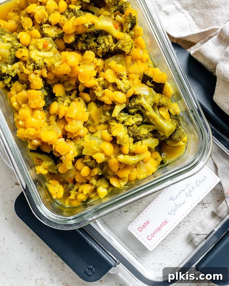 Golden Turmeric Veggie Split Pea Stew 14 Leftover Veggie Turmeric Yellow Split Peas stored in an airtight container, ready for meal prep.