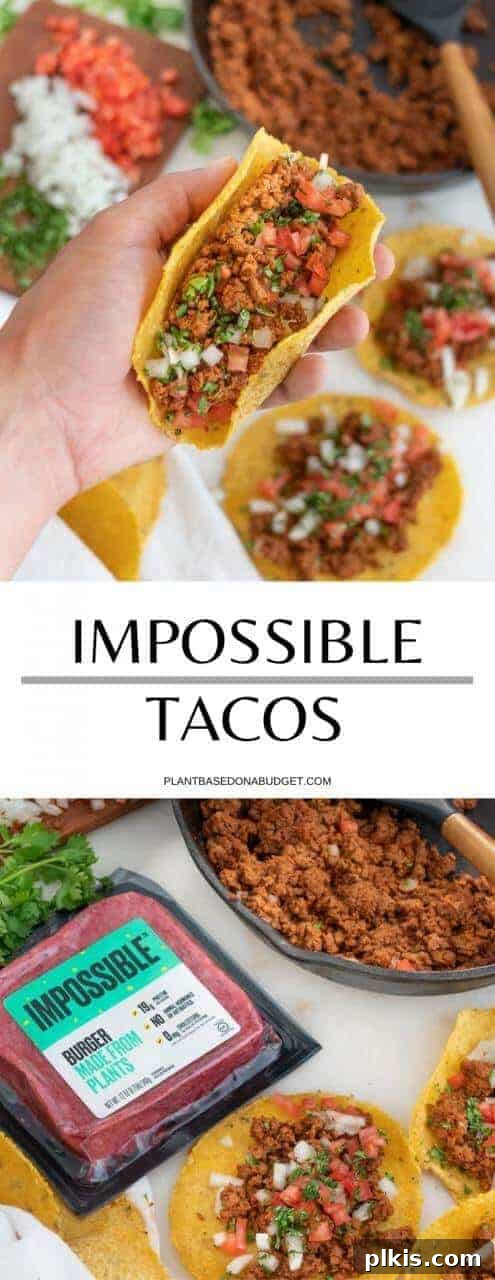 Tacos Beyond Belief 4 A vibrant and delicious selection of Impossible Tacos, garnished with fresh cilantro, diced onions, and tomatoes, against a backdrop of plant-based on a budget branding.