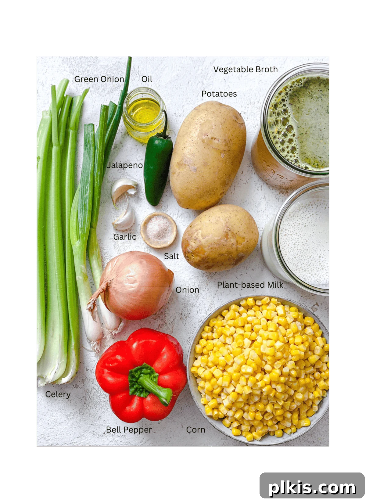 Golden Harvest Chowder 3 ingredients for Corn Chowder against a white surface