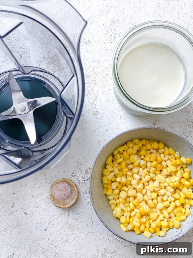 Golden Harvest Chowder 9 blender alongside corn and cup of milk