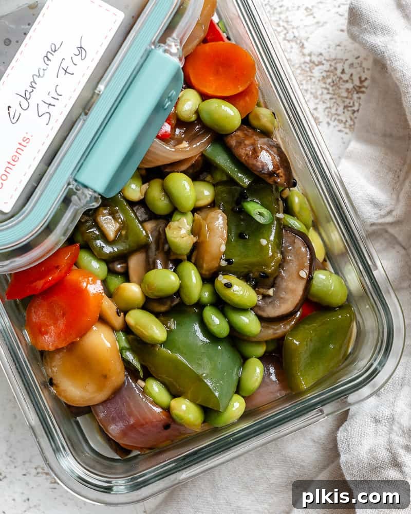 Edamame Vegetable Flash Fry 9 completed Quick Vegetable and Edamame Stir-Fry in a storage container