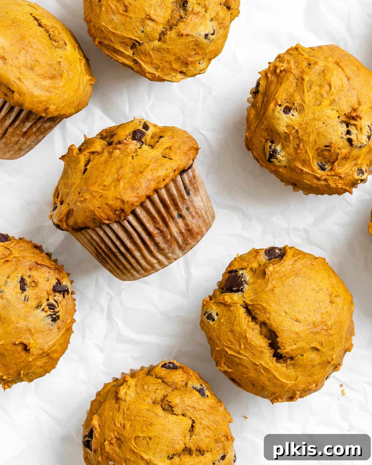 Spiced Vegan Pumpkin Chocolate Chip Muffins 13 completed Vegan Pumpkin Chocolate Chip Muffins on a white surface