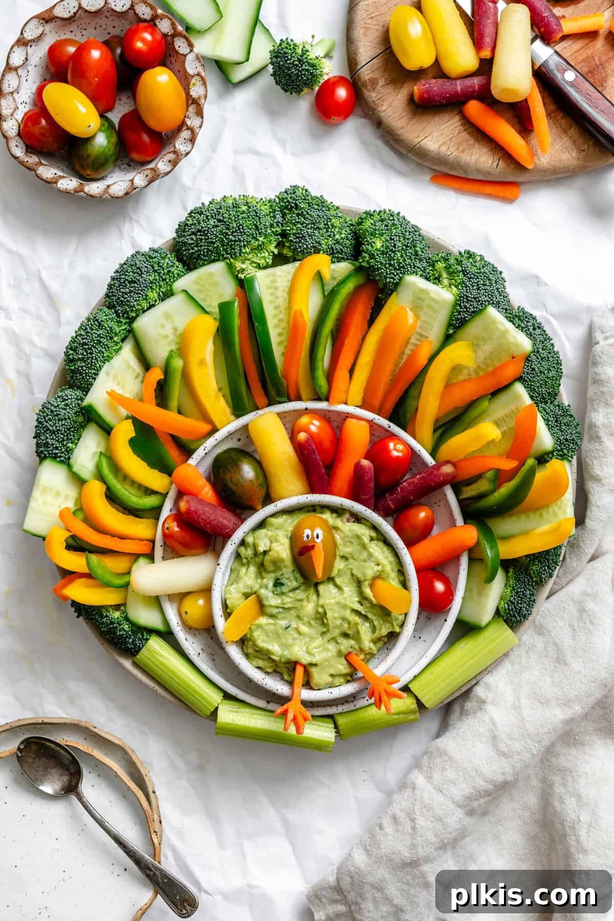 Effortless Holiday Veggie Platter 2 Completed Easy Turkey Veggie Tray on white surface, beautifully arranged.