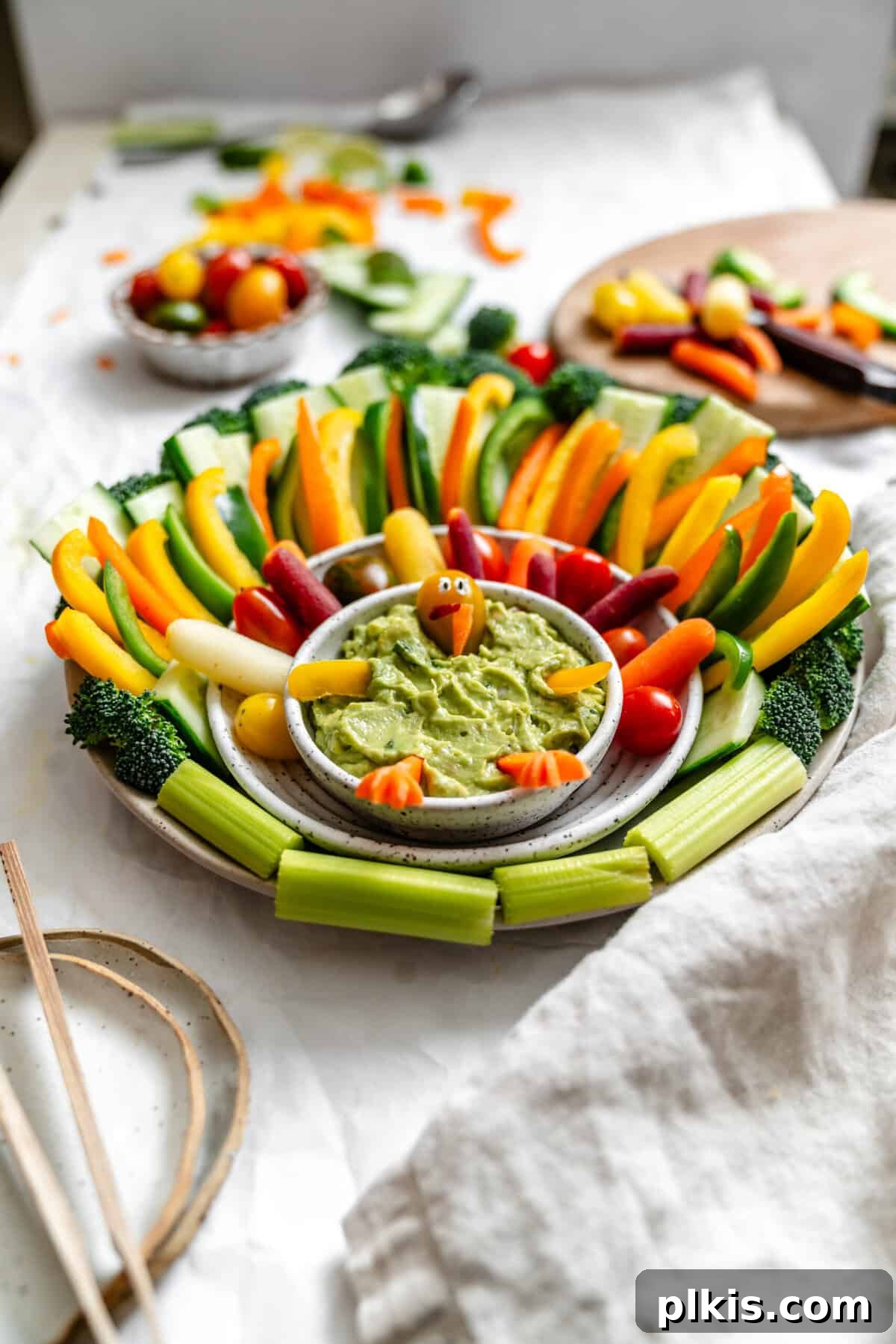 Effortless Holiday Veggie Platter 8 Completed Easy Turkey Veggie Tray on white surface, ready to be served.