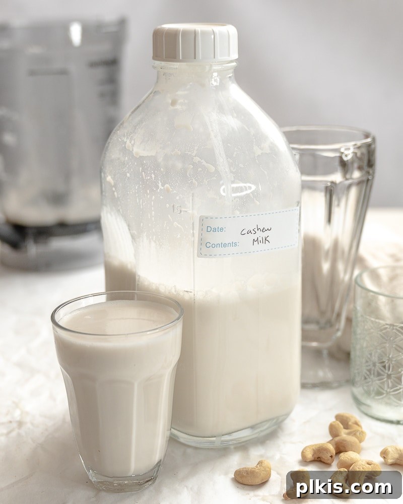 Whip Up Your Own Cashew Milk 11 completed Cashew Milk in a glass and a jug on a table