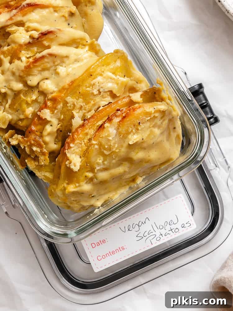 Decadent Dairy-Free Scalloped Potatoes 11 Leftover vegan scalloped potatoes neatly stored in a clear, airtight container, ready for refrigeration or freezing.